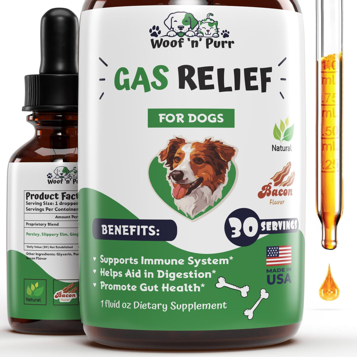 Woof 'n' Purr natural gas relief bottle supports easier digestion.