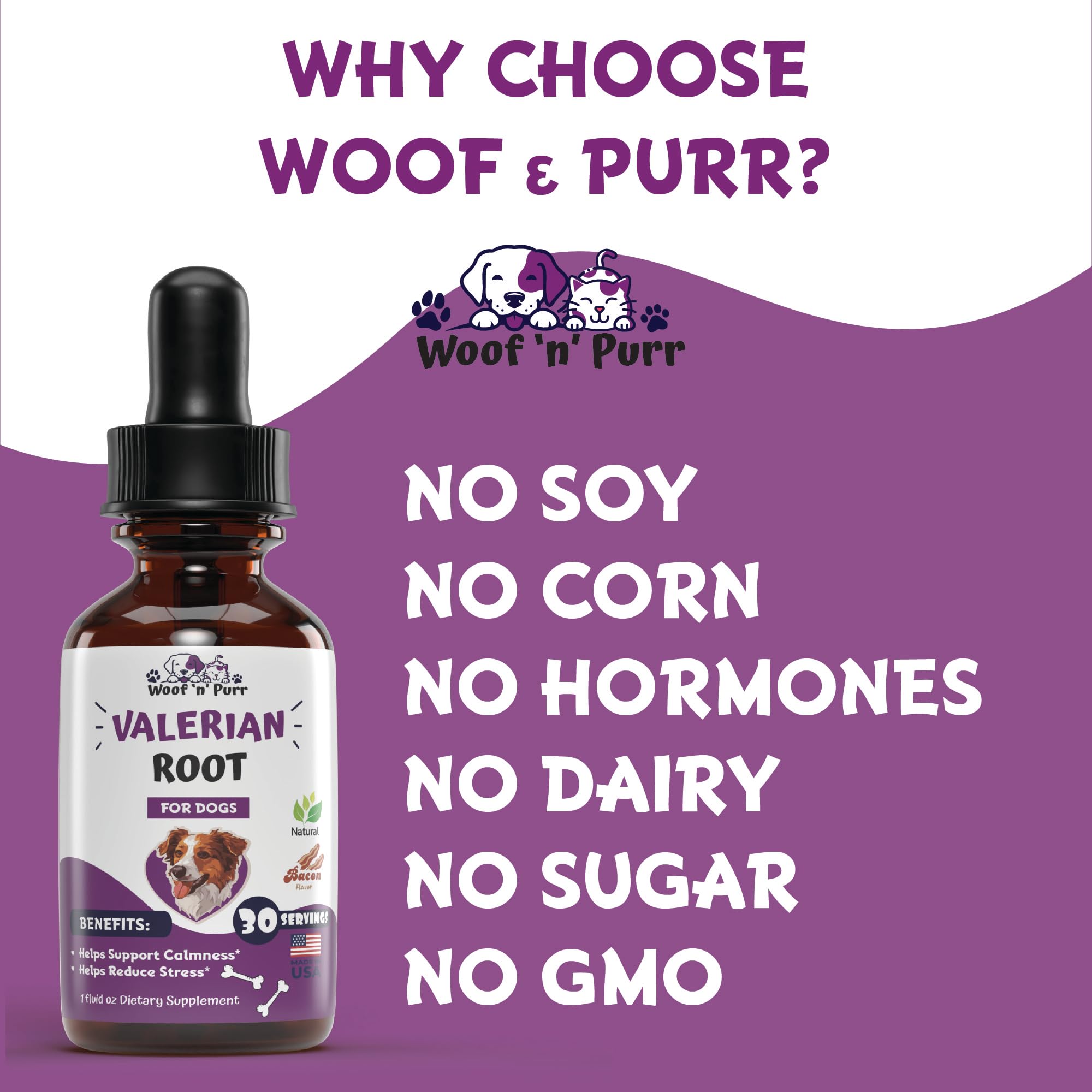 Woof n Purr valerian tincture bottle ready for night-time sleep support.