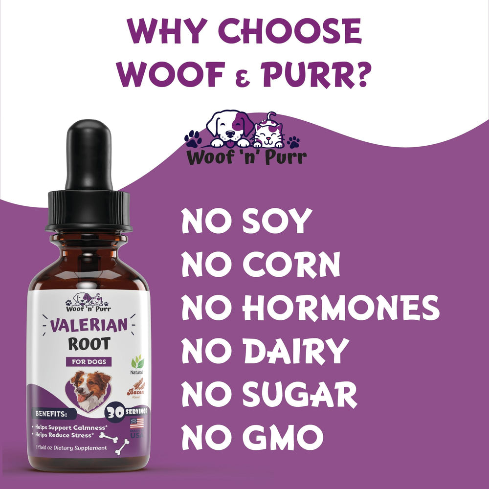 Woof n Purr valerian tincture bottle ready for night-time sleep support.