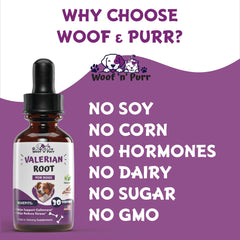 Woof n Purr valerian tincture bottle ready for night-time sleep support.