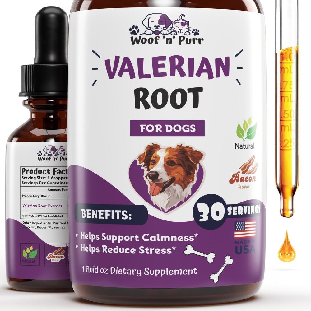 Woof n Purr Valerian Root Dog Tincture bottle for calming support.
