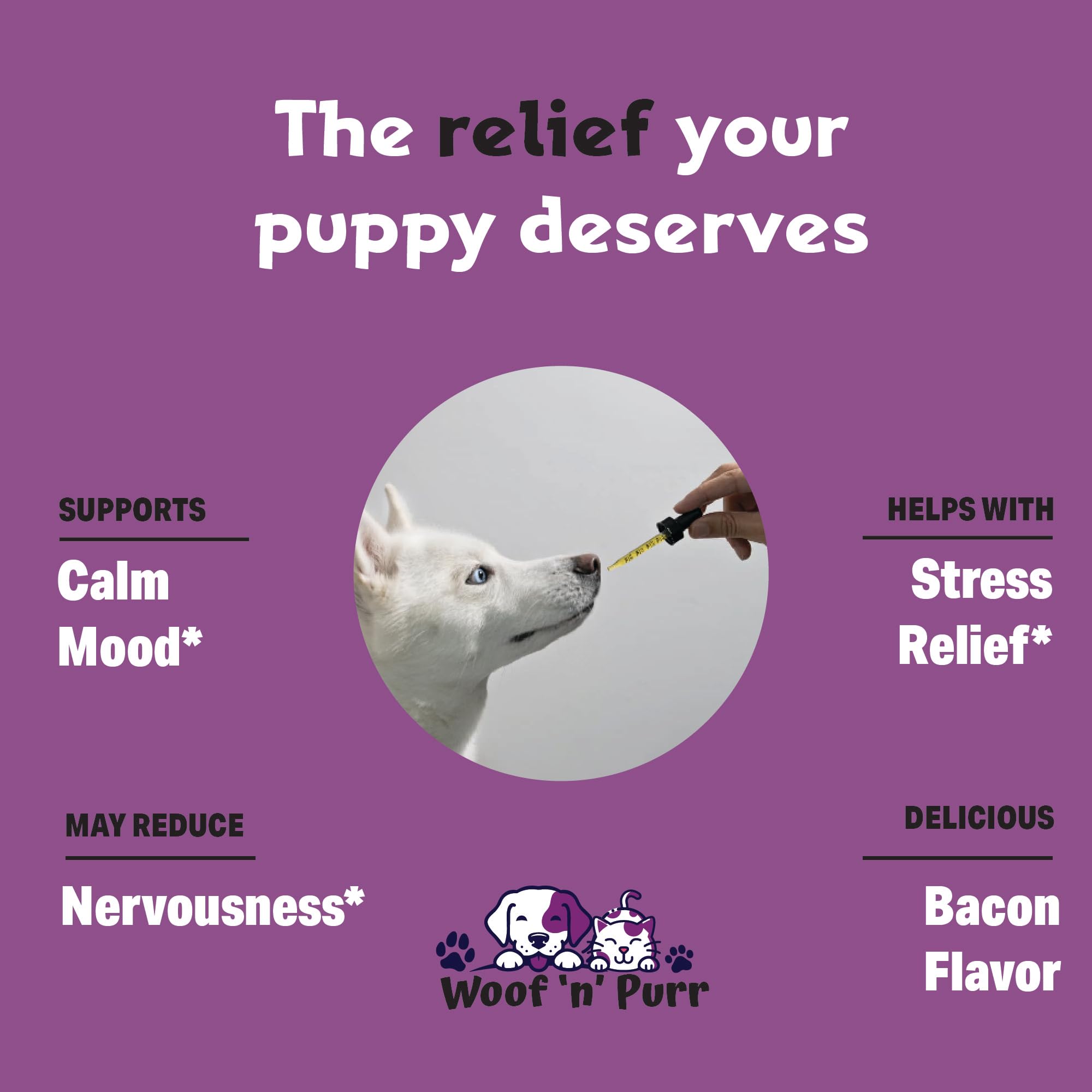 Woof n Purr Valerian Root Dog Tincture dropper for easy dosing and calm.