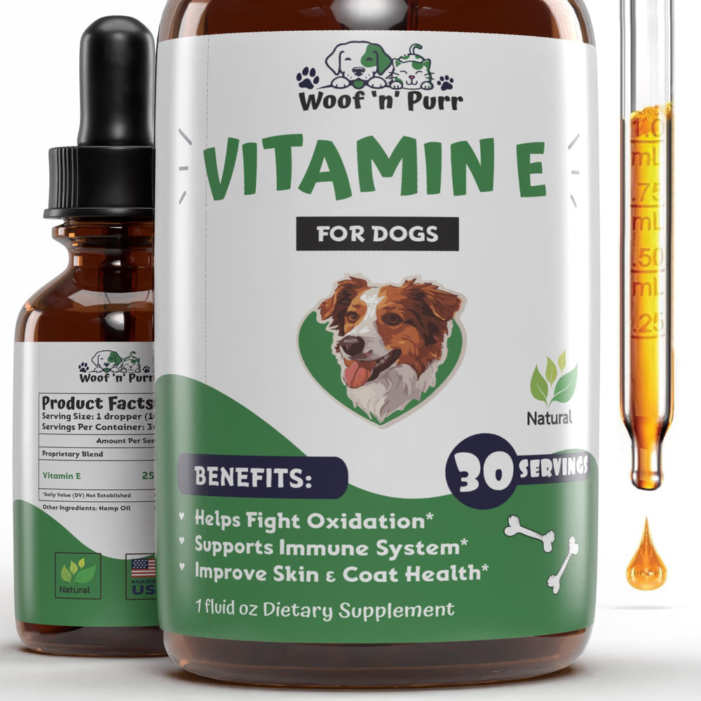 Woof 'n' Purr Vitamin E for Dogs bottle front for antioxidant support