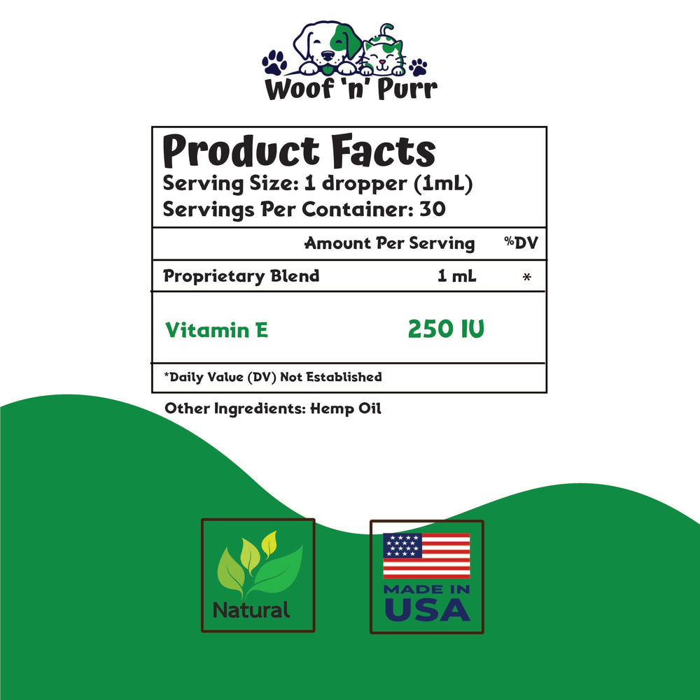 Woof 'n' Purr Vitamin E for Dogs label close-up highlighting skin and coat care
