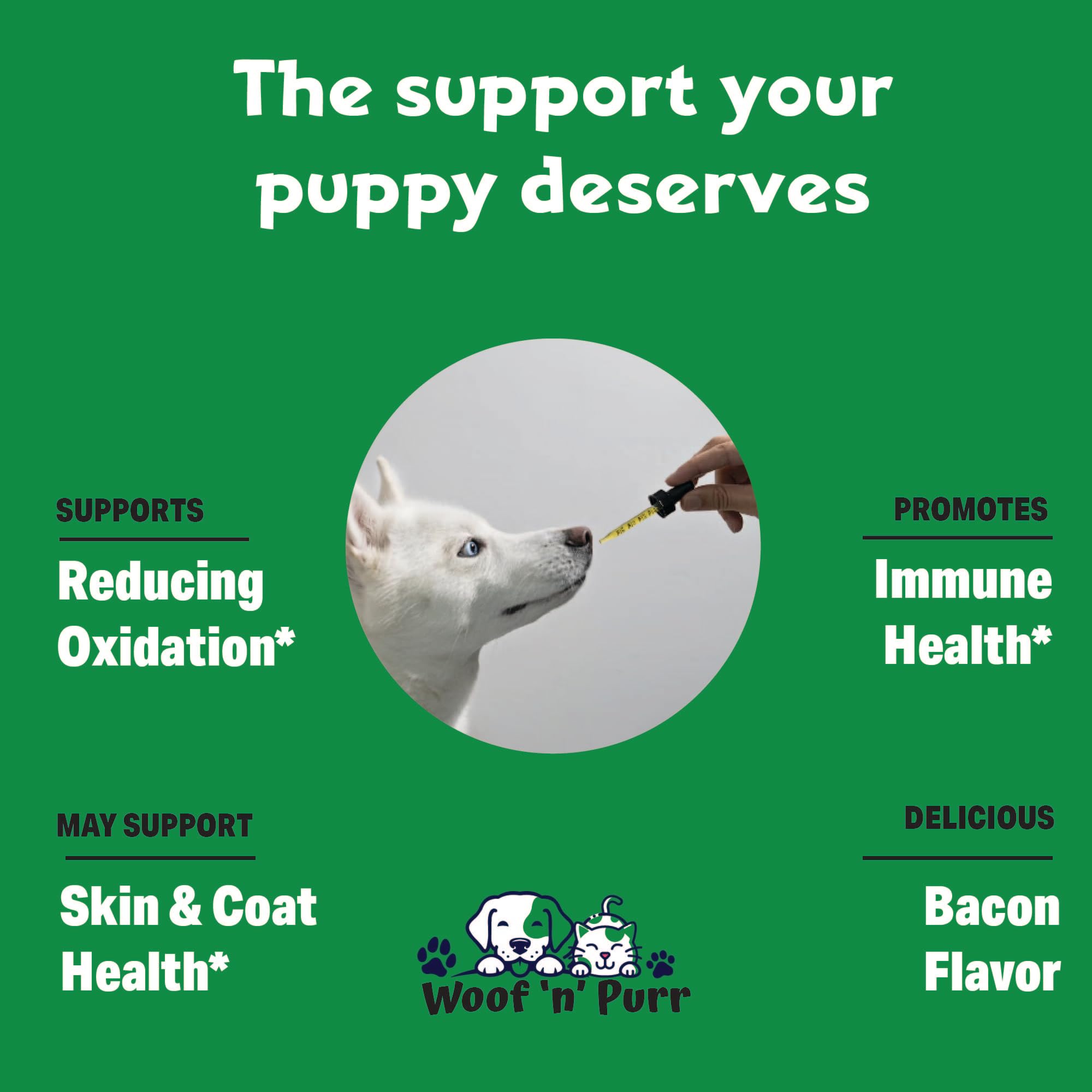 Woof 'n' Purr Vitamin E for Dogs dropper showing easy administration