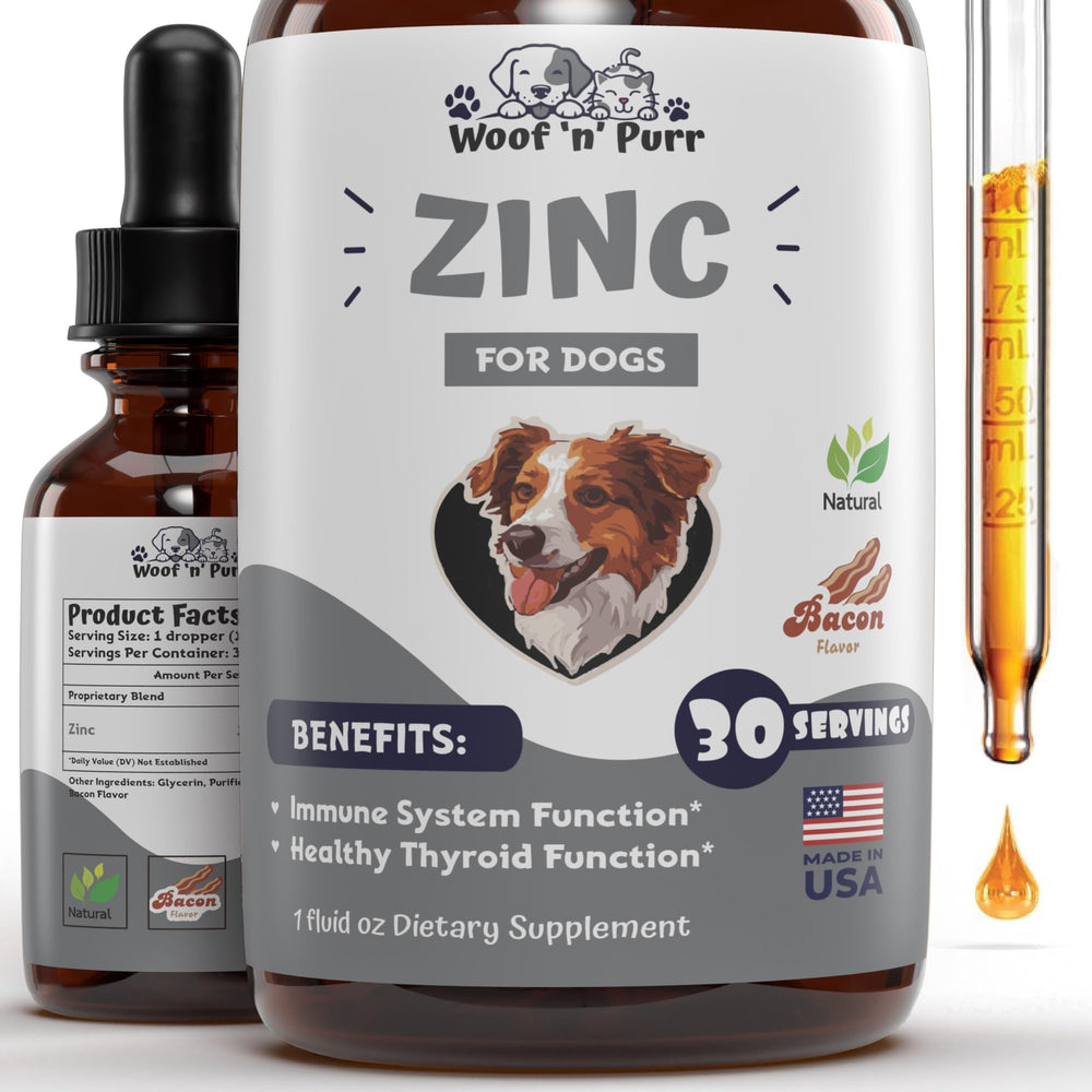 Woof n Purr Zinc for Dogs bottle close-up shows immune-support formula.