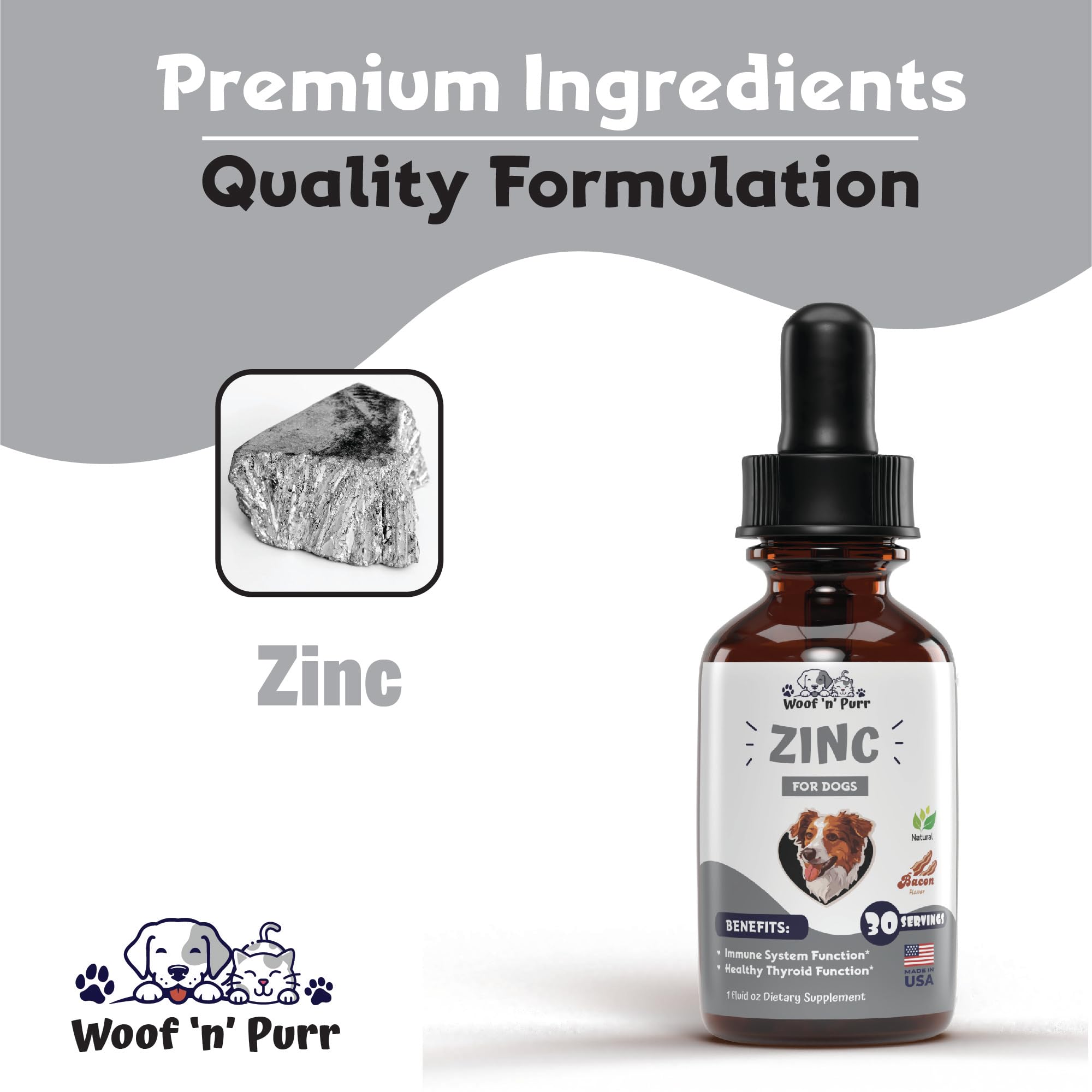 Woof n Purr Zinc for Dogs diet boost image suggests blending with meals.