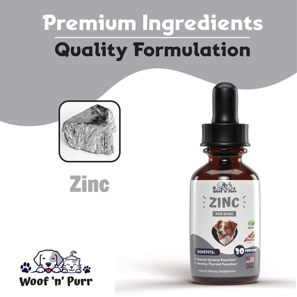 Woof n Purr Zinc for Dogs diet boost image suggests blending with meals.