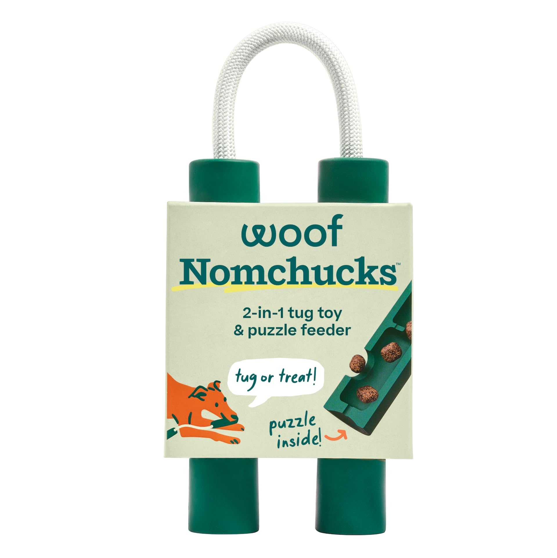 WOOF Nomchucks dual puzzle feeder toy with three zones engages dogs during treat play.