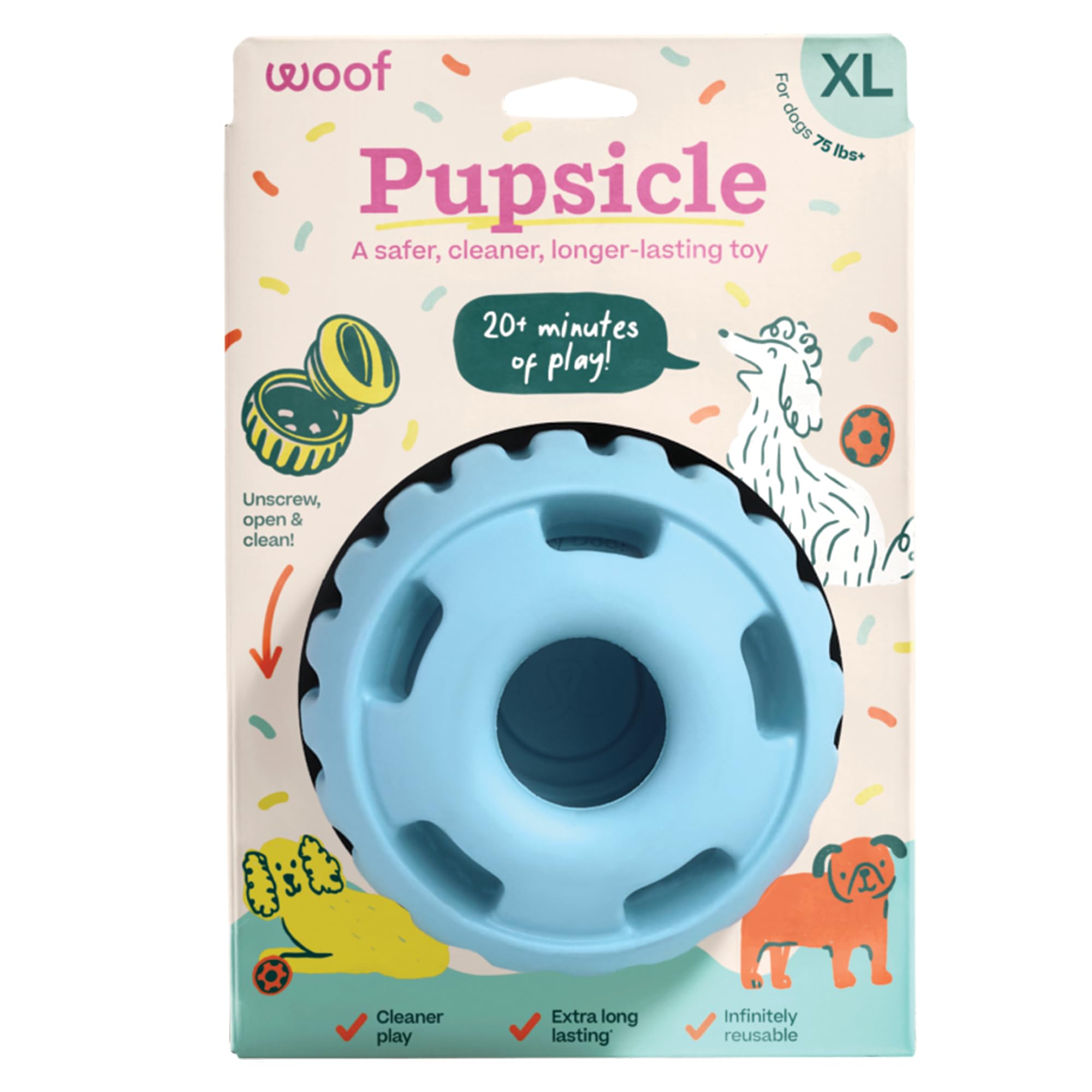 Woof Party Pupsicle bottle closeup shows durable rubber for long-lasting play.