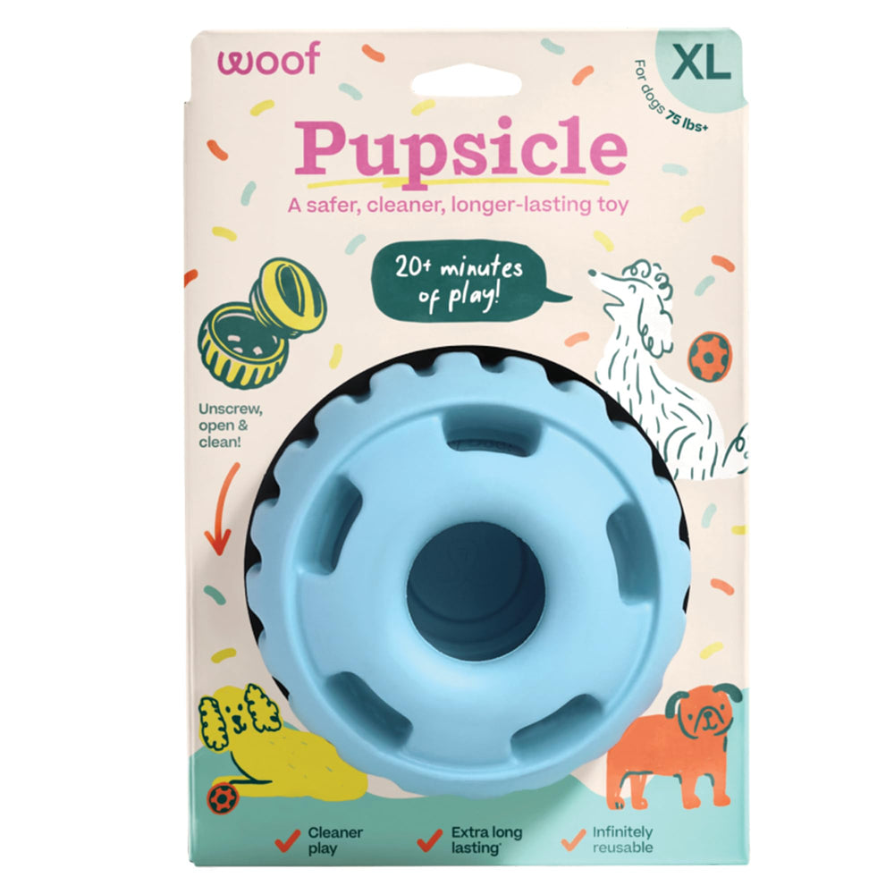 Woof Party Pupsicle bottle closeup shows durable rubber for long-lasting play.