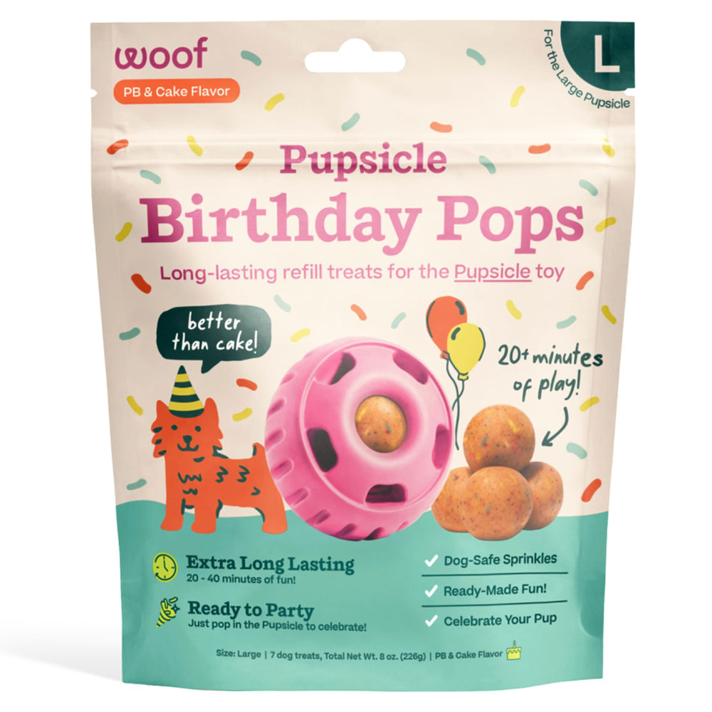 WOOF Pupsicle Birthday Pops packaging highlights wholesome ingredients for doggy celebrations.