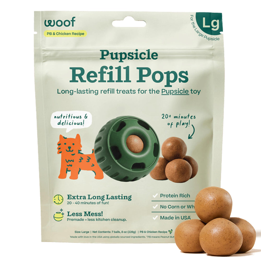 WOOF Pupsicle packaging showcases convenience for on-the-go dog snacks.