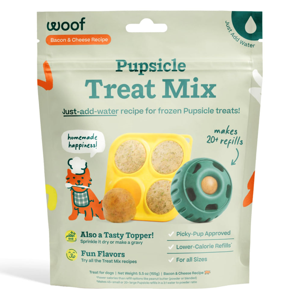 WOOF Pupsicle Mix packaging front featuring Bacon and Cheese flavor for dogs