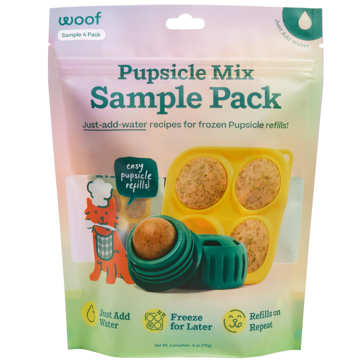 WOOF Pupsicle Mix Sample Pack contents for four flavors, ideal for enrichment and easy refills.