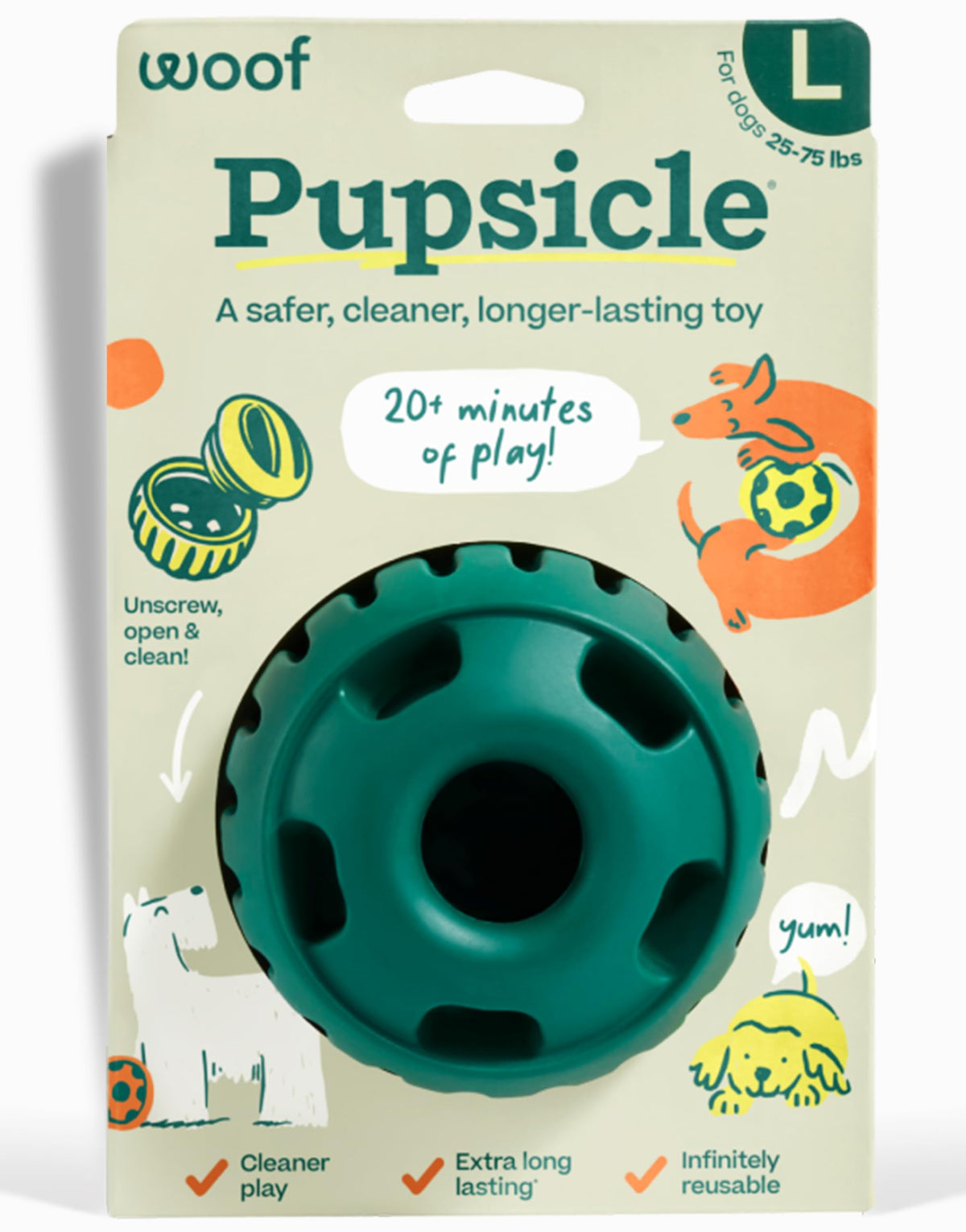 WOOF Pupsicle open center fill for mess-free stuffing and longer play.