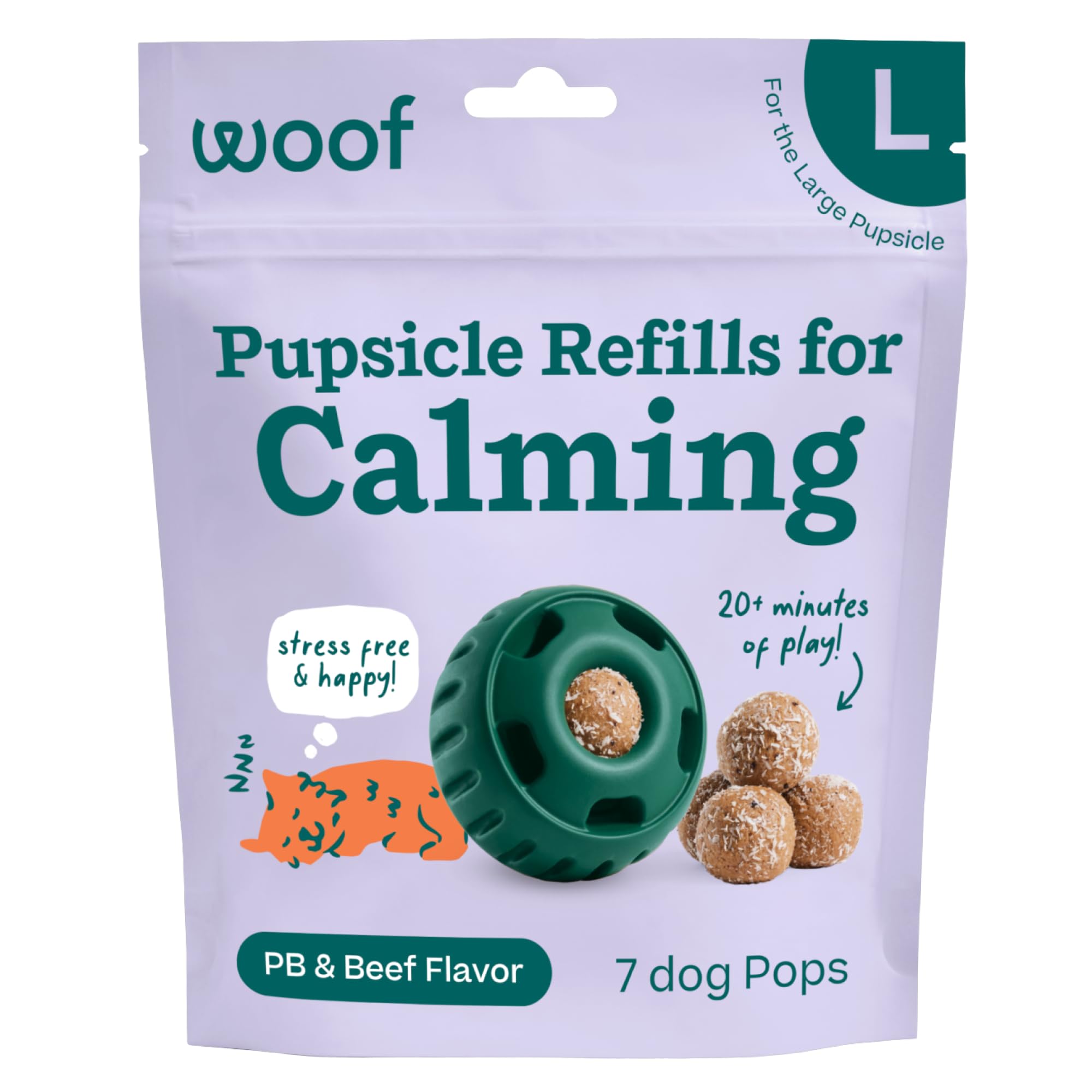 WOOF Pupsicle refill pops calming large 7-count packaging promotes calm play.