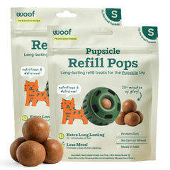 WOOF Pupsicle Refill Pops pack shot highlighting long-lasting treats.