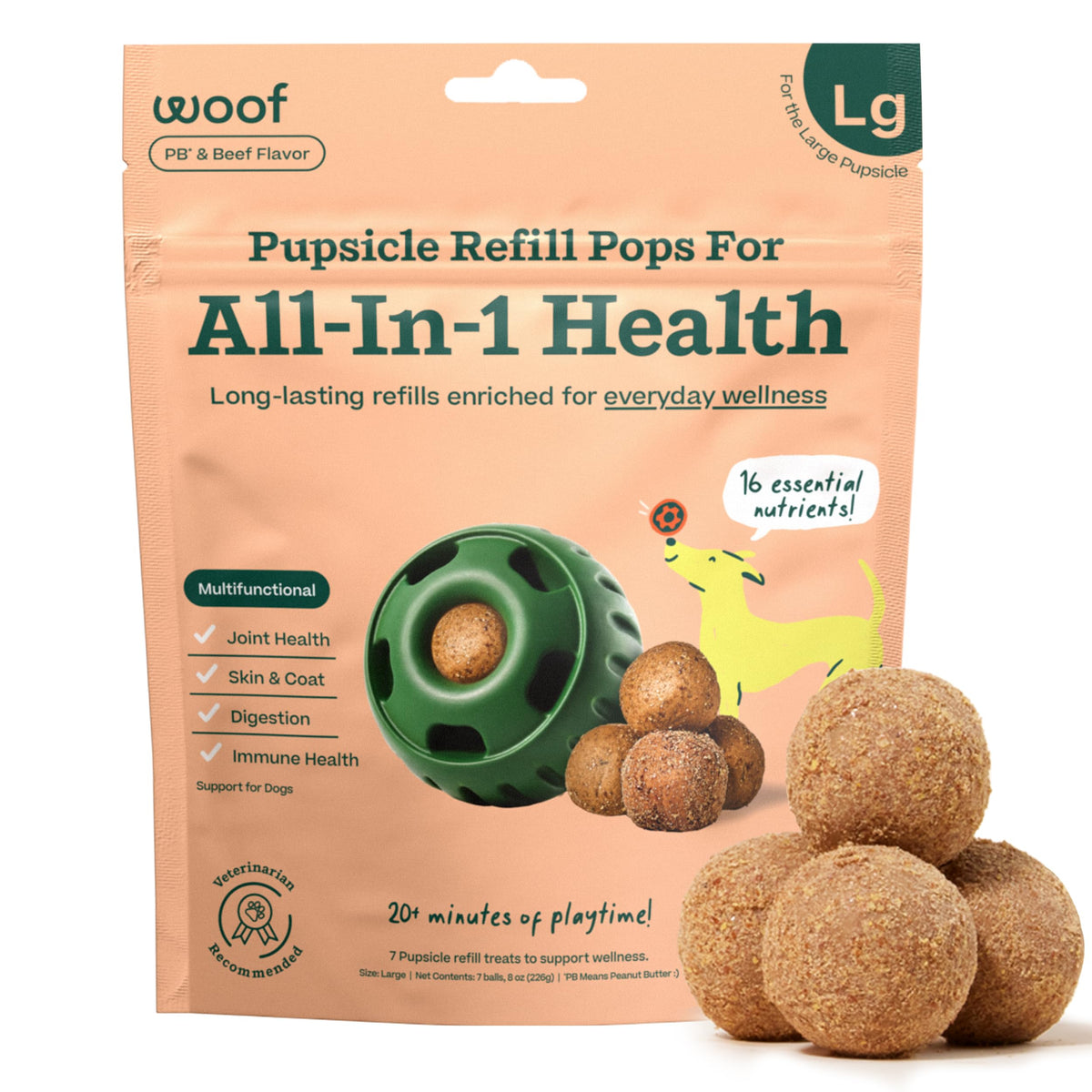 WOOF Pupsicle refill pops packaging shows long-lasting dog nutrition.