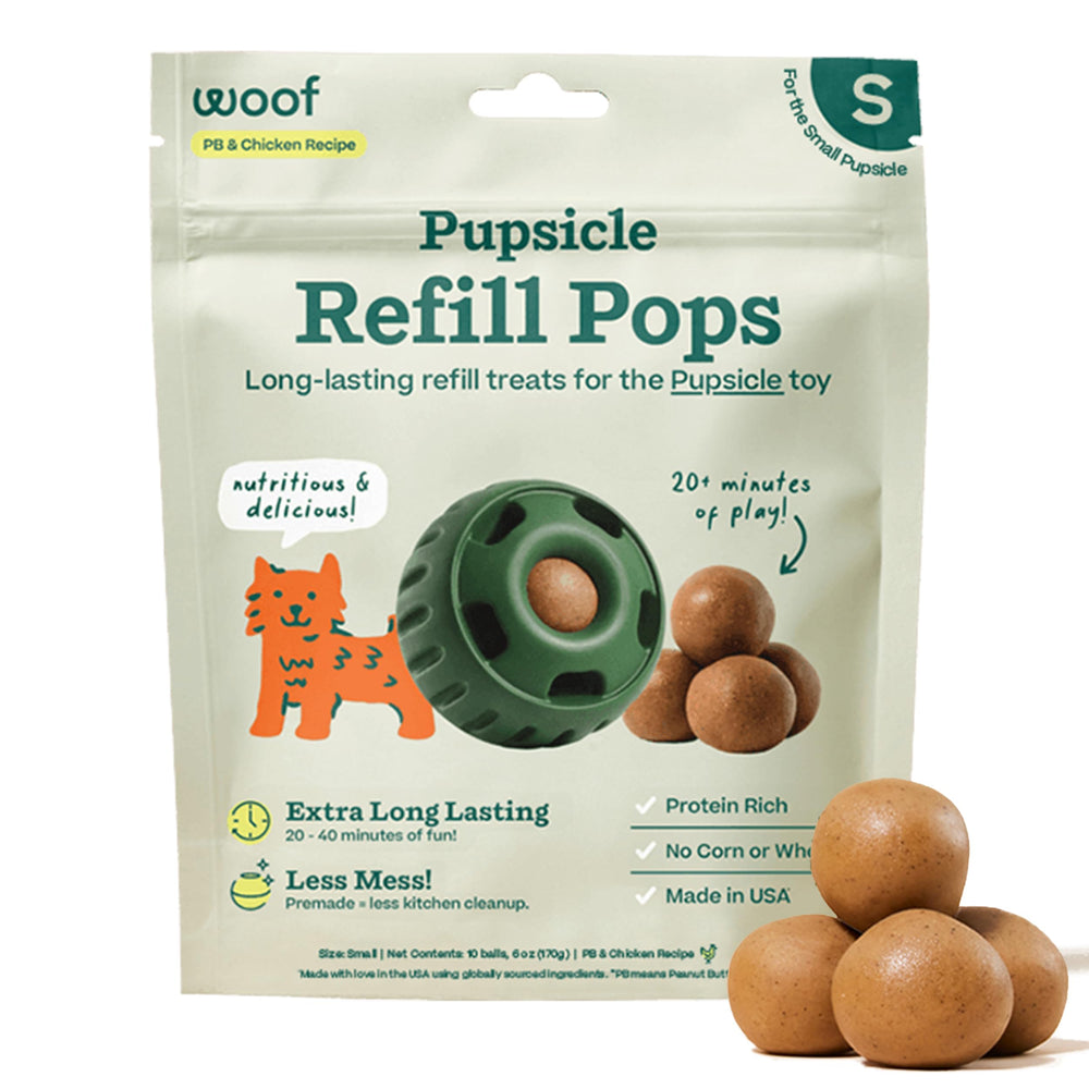 WOOF Pupsicle Refills packaging demonstrates convenient, ready-to-use treats.