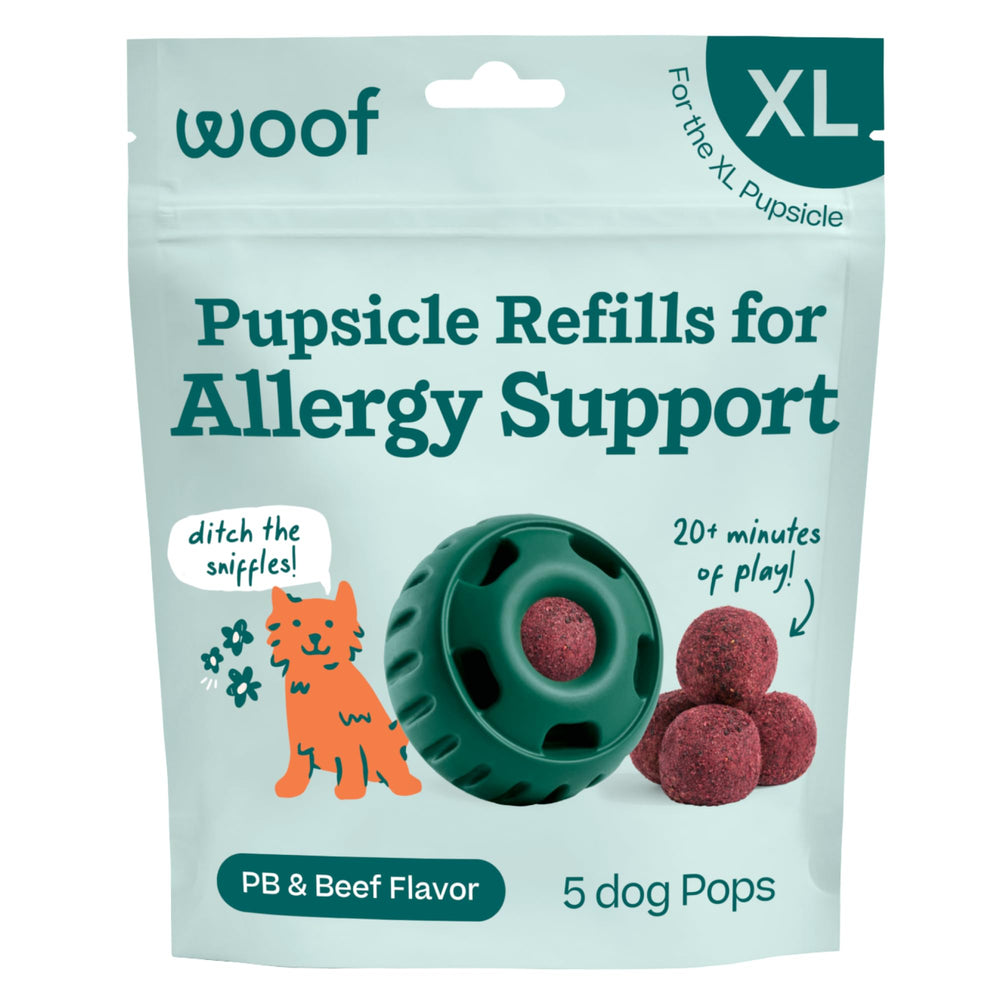 WOOF Pupsicle Refill Pops packaging highlights allergy support for dogs.