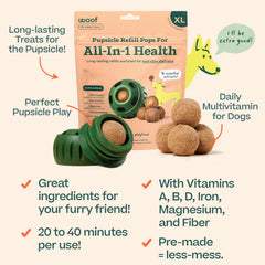 Dog tasting WOOF Pupsicle refill pops XL during park walk for a tasty, functional treat