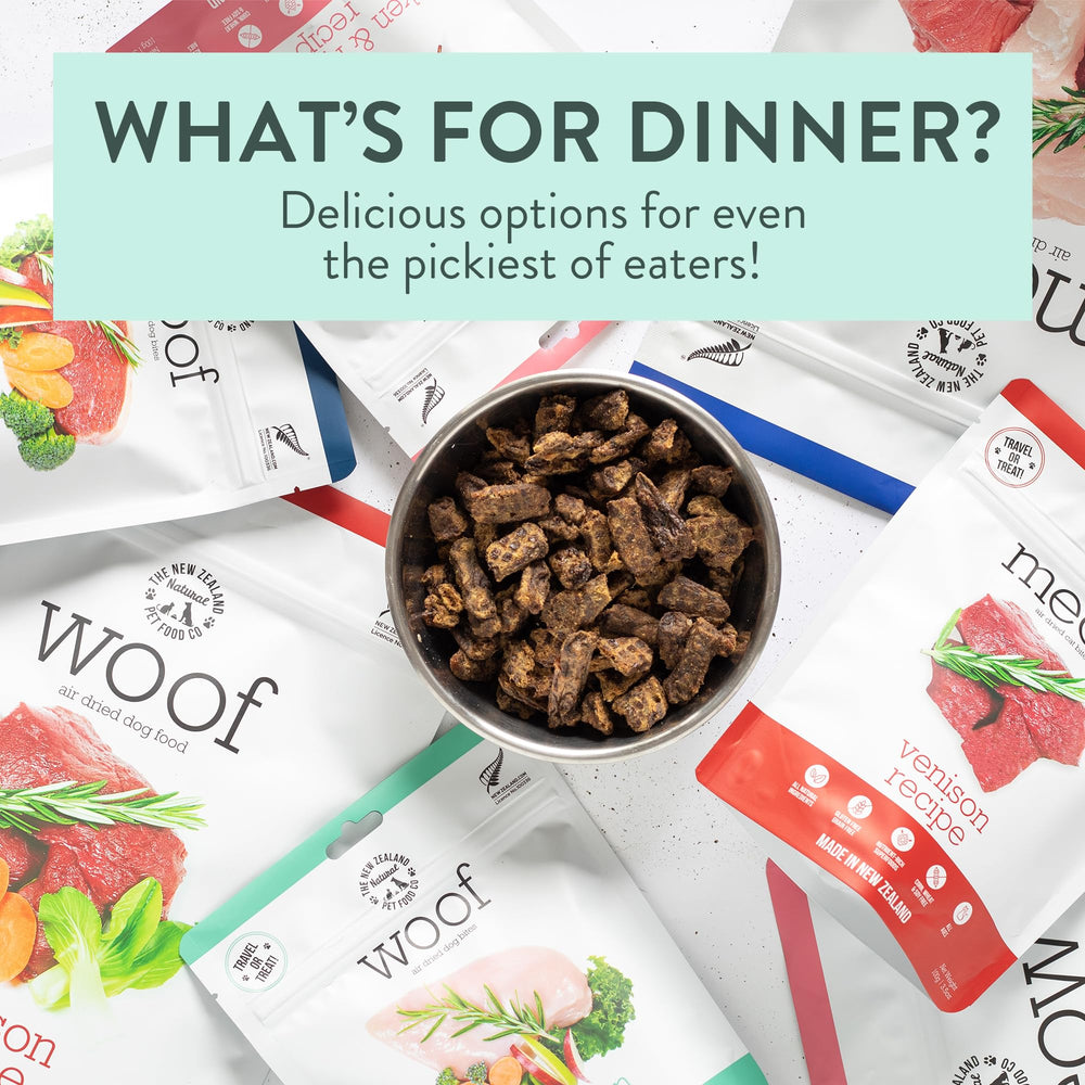 Snack-time moment with WOOF venison bites, perfect for bonding.