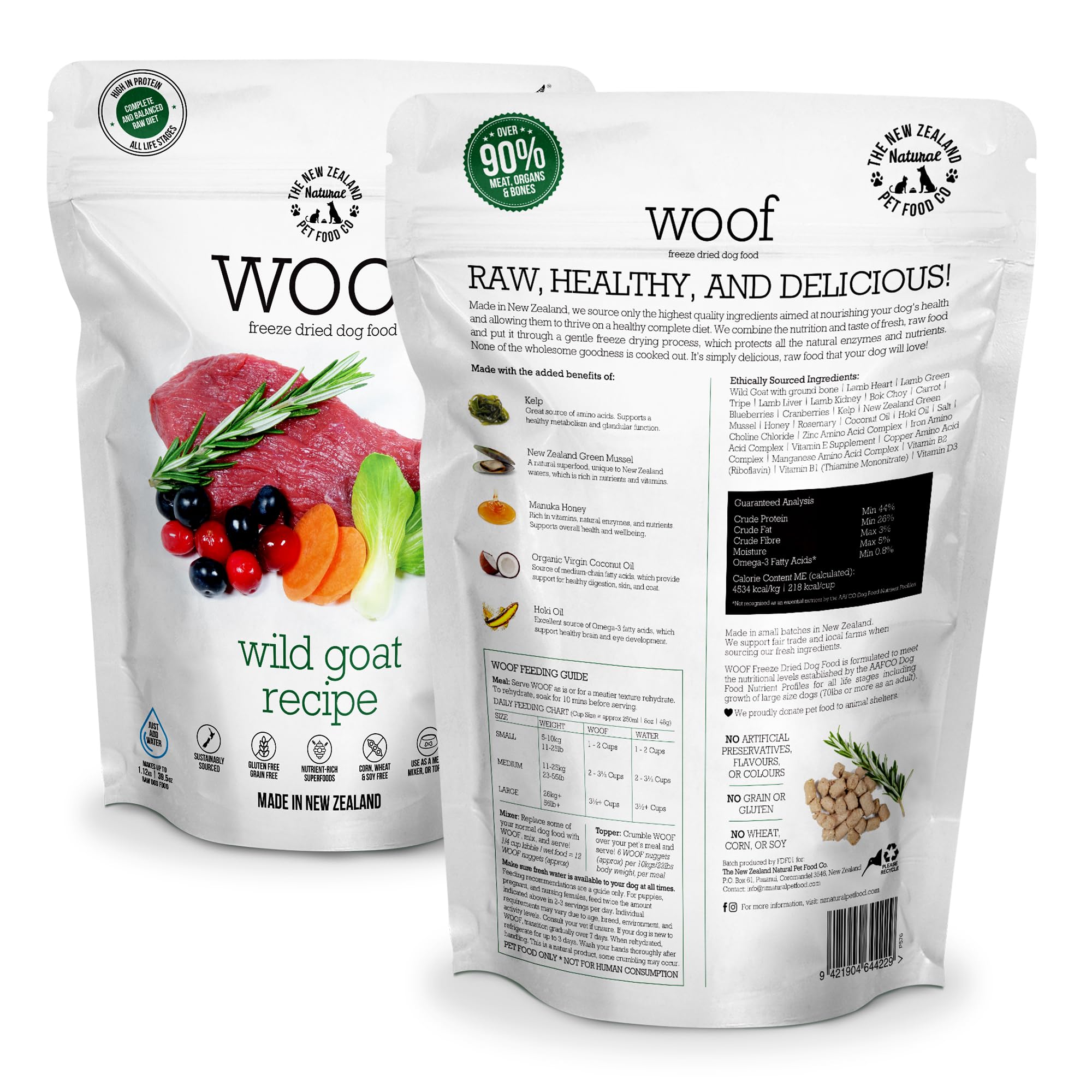 WOOF Wild Goat bag back nutrition panel highlights natural ingredients and no artificial additives.