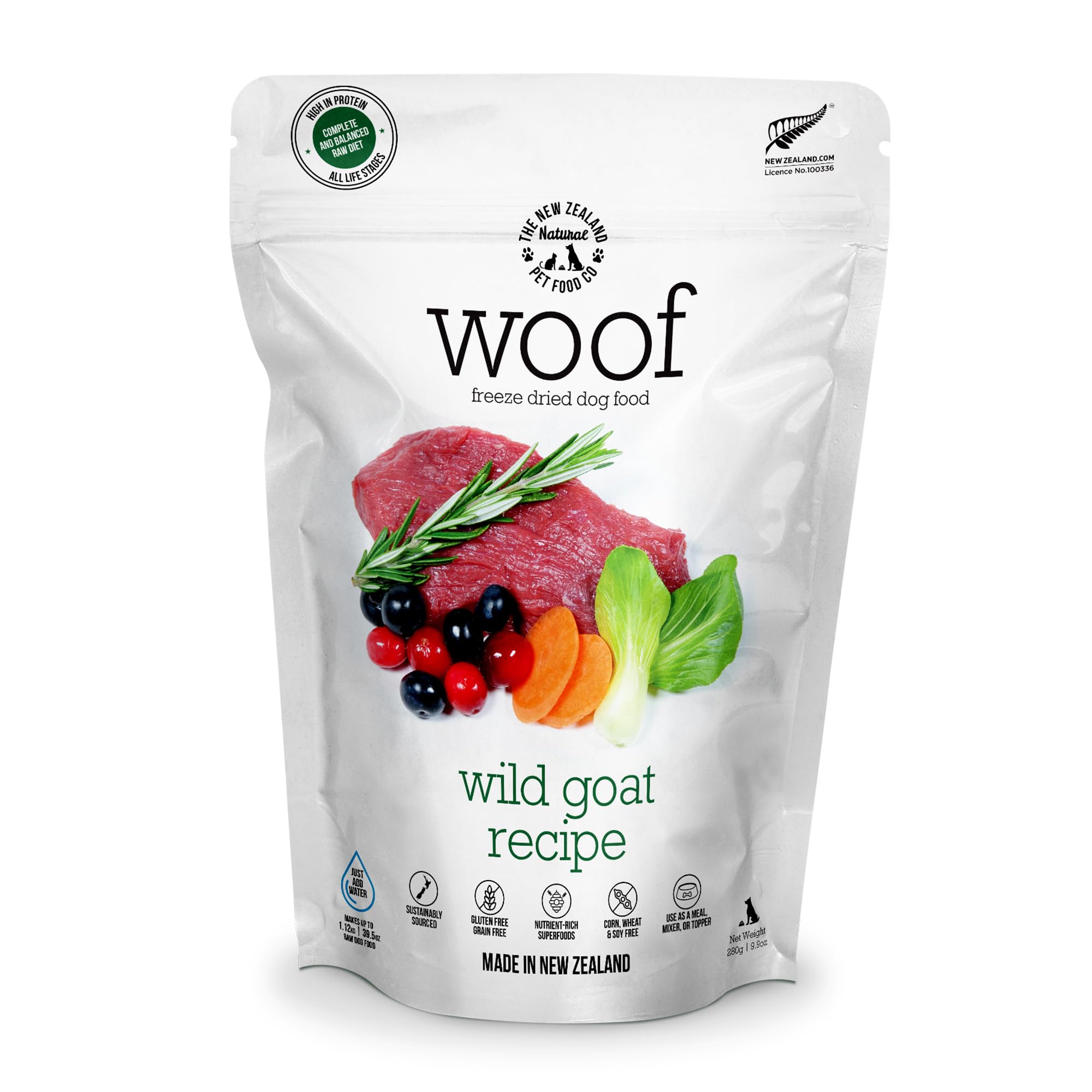 WOOF Wild Goat freeze-dried dog food bag front shows high-protein ingredients for meals.