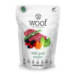 WOOF Wild Goat freeze-dried dog food bag front shows high-protein ingredients for meals.