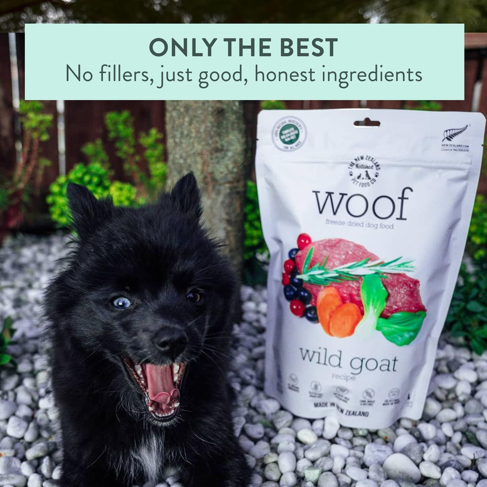WOOF Wild Goat ingredients graphic with Green Mussel, Manuka Honey, and Hoki Oil.