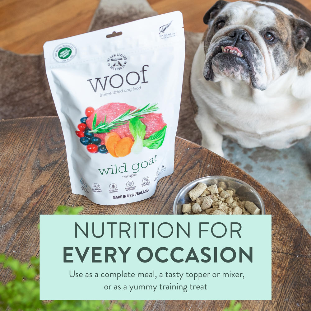 WOOF Wild Goat serving bowl suggests a nutritious topper or training treat.