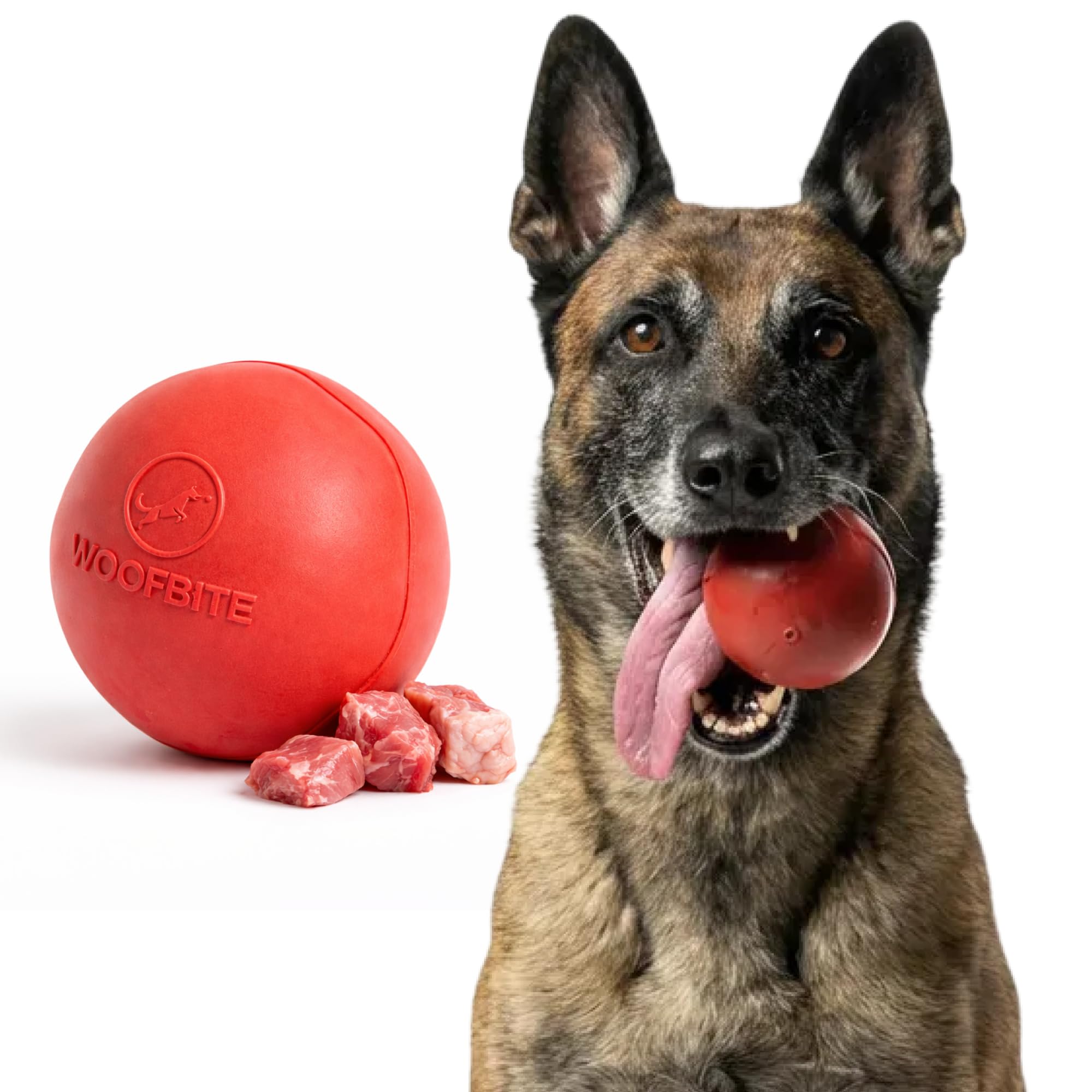 WoofBite 3-inch beef-scent ball top view, durable chew toy for power chewers.
