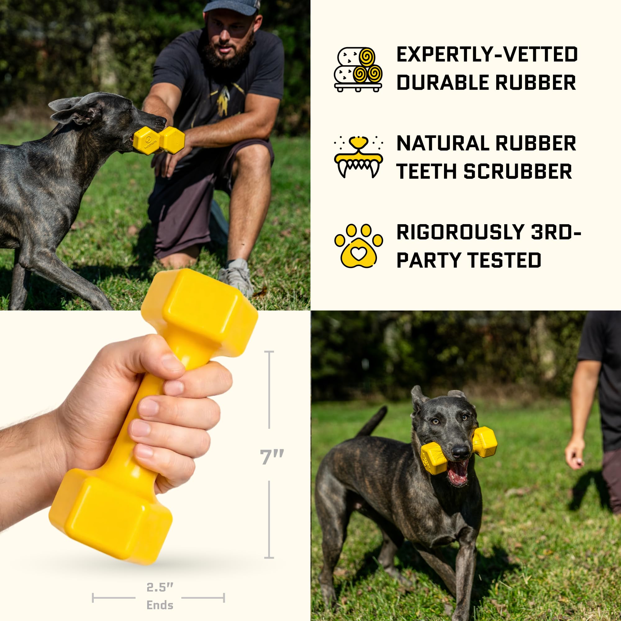 WoofBite bright yellow dog toy, easy to spot during outdoor play.