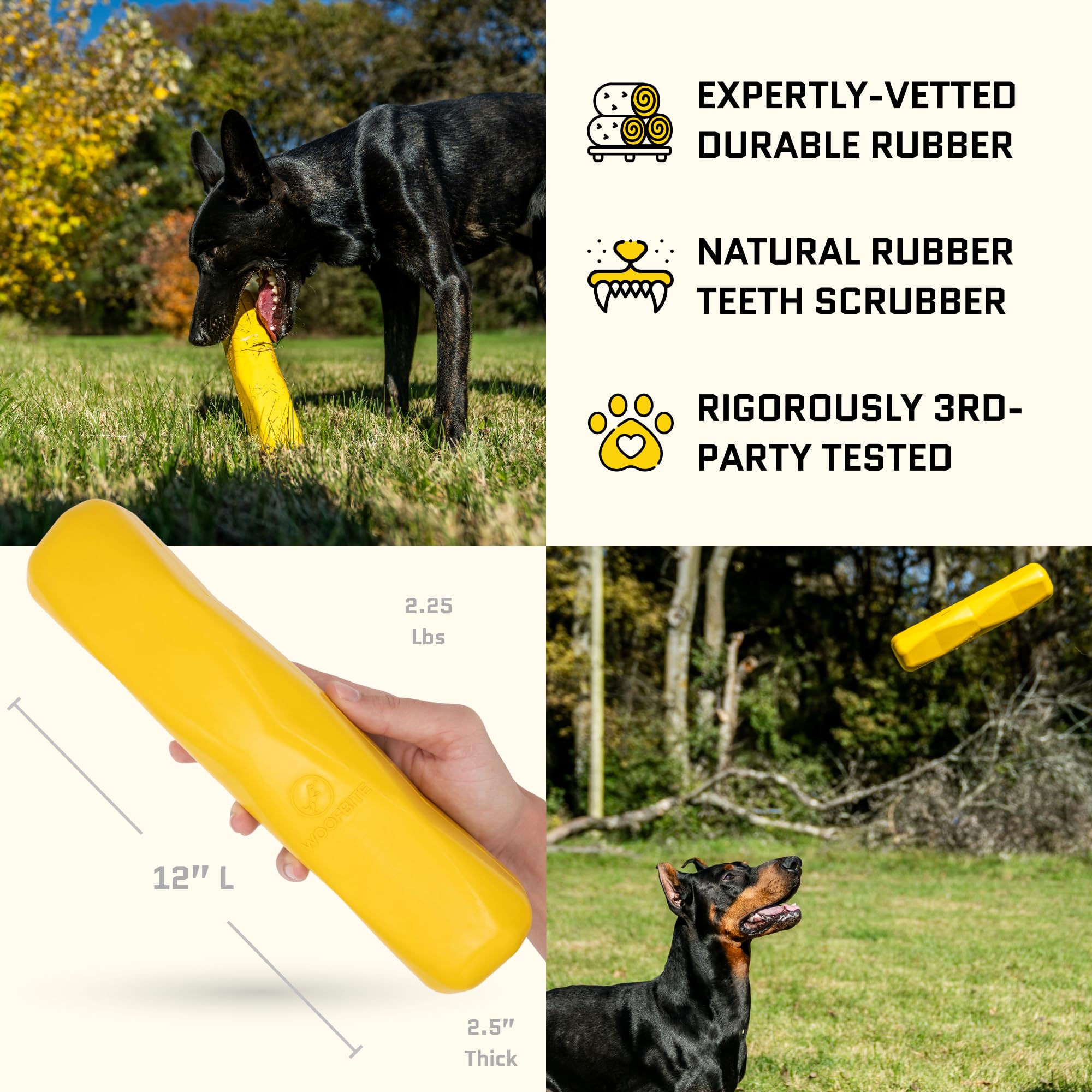 Bright yellow WoofBite Giant XL stick easy to spot during outdoor play.