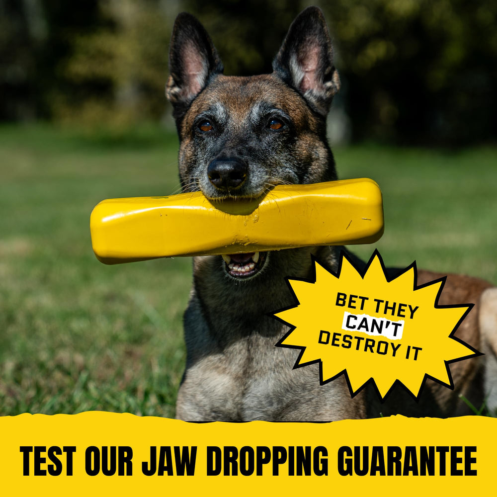 Lifetime guarantee badge shown with WoofBite Giant XL stick.