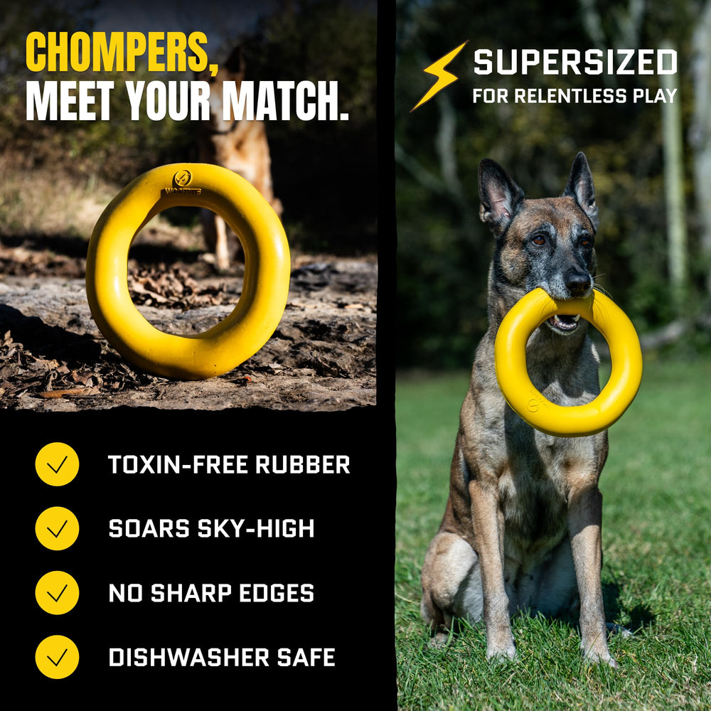 WoofBite Giant XL Ring bright yellow color for easy visibility during play.