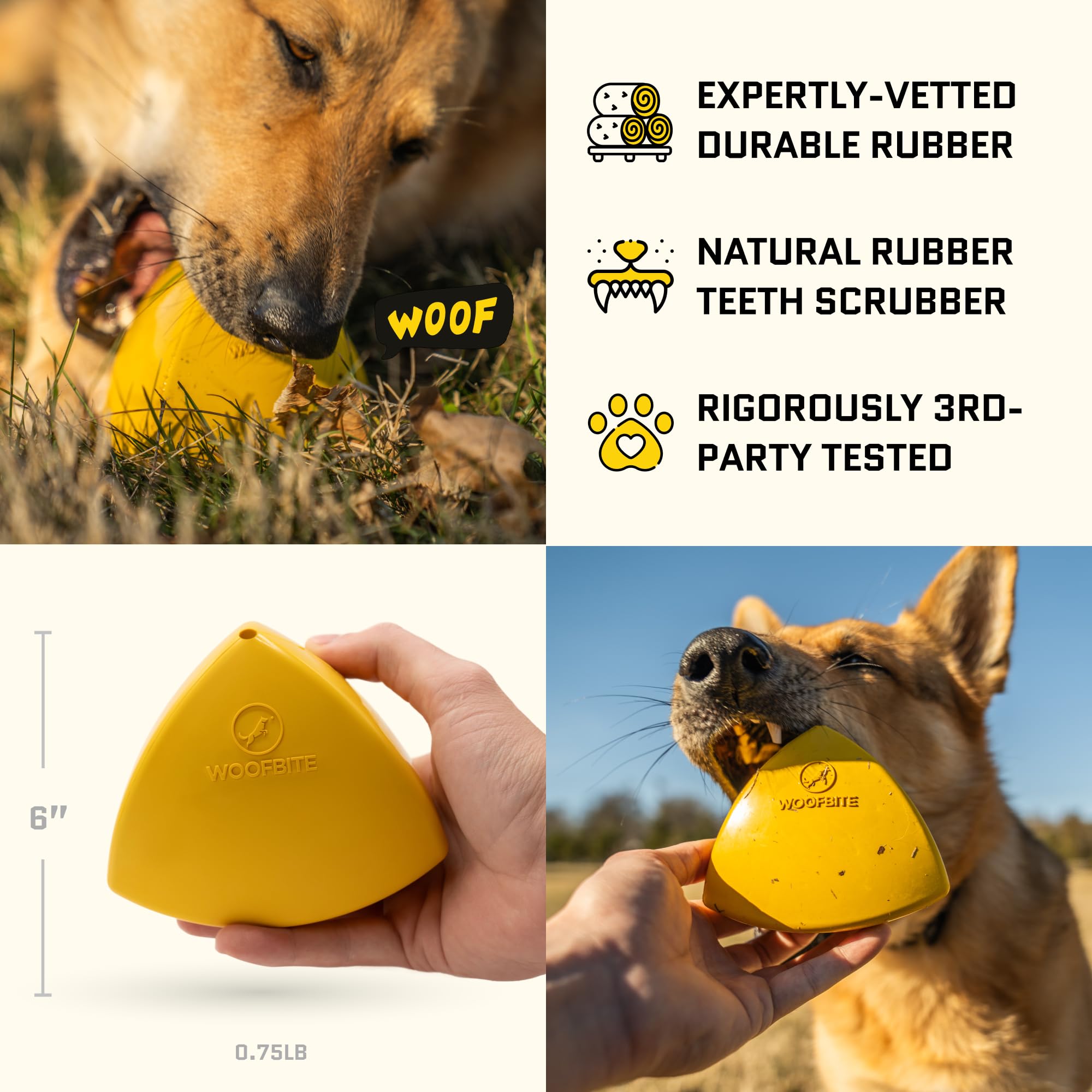 WoofBite pyramid toy durable natural rubber closeup conveys safety and longevity.