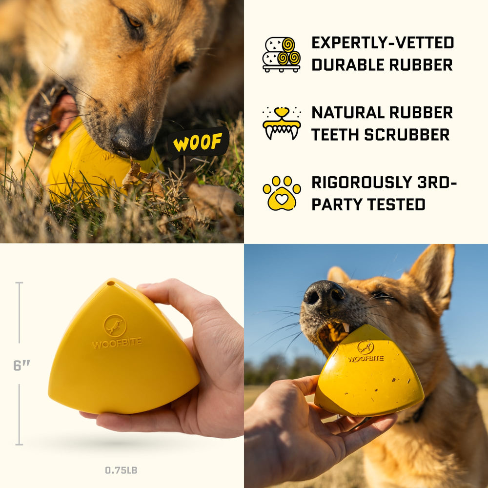 WoofBite pyramid toy durable natural rubber closeup conveys safety and longevity.