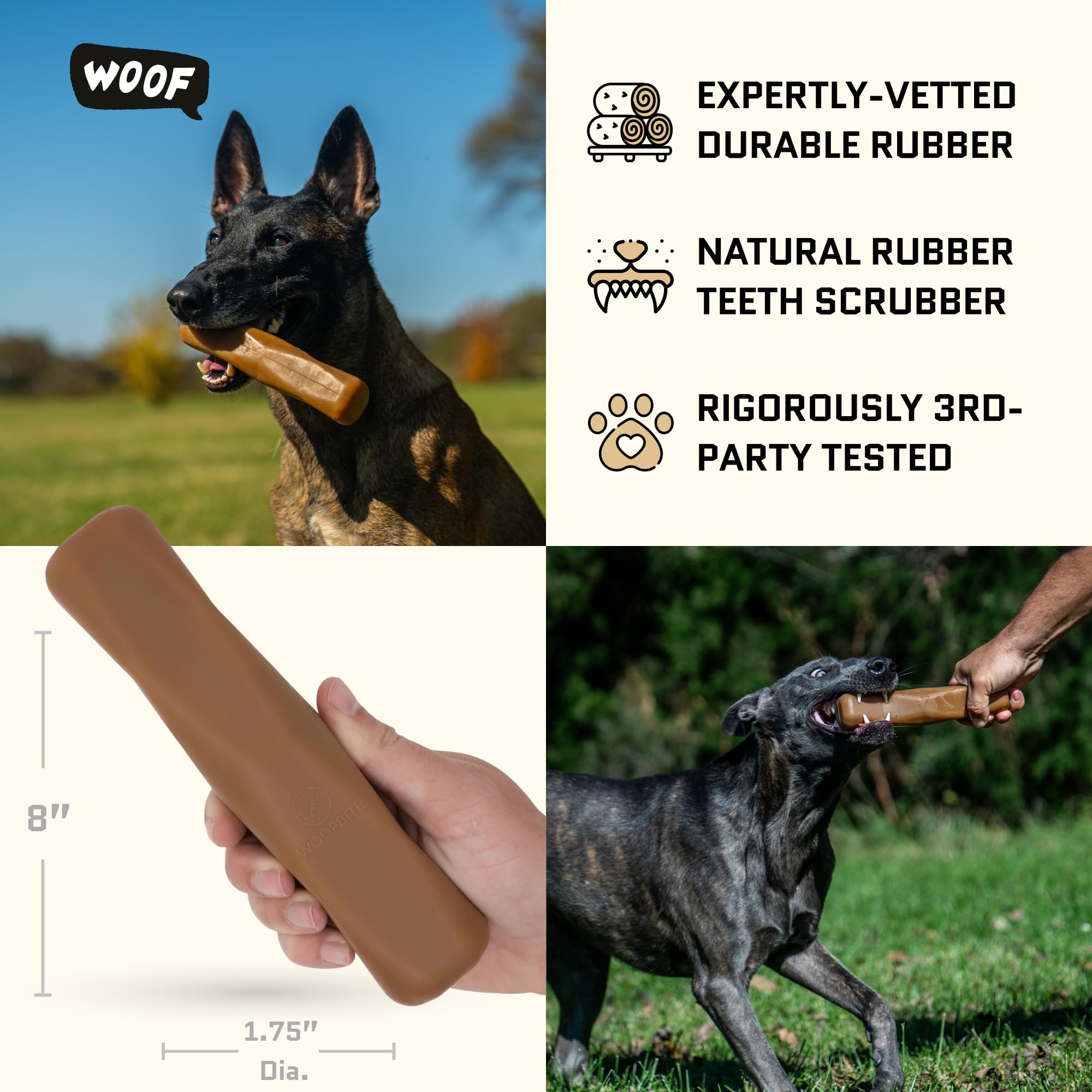 Dog enjoys fetch with WoofBite stick toy.