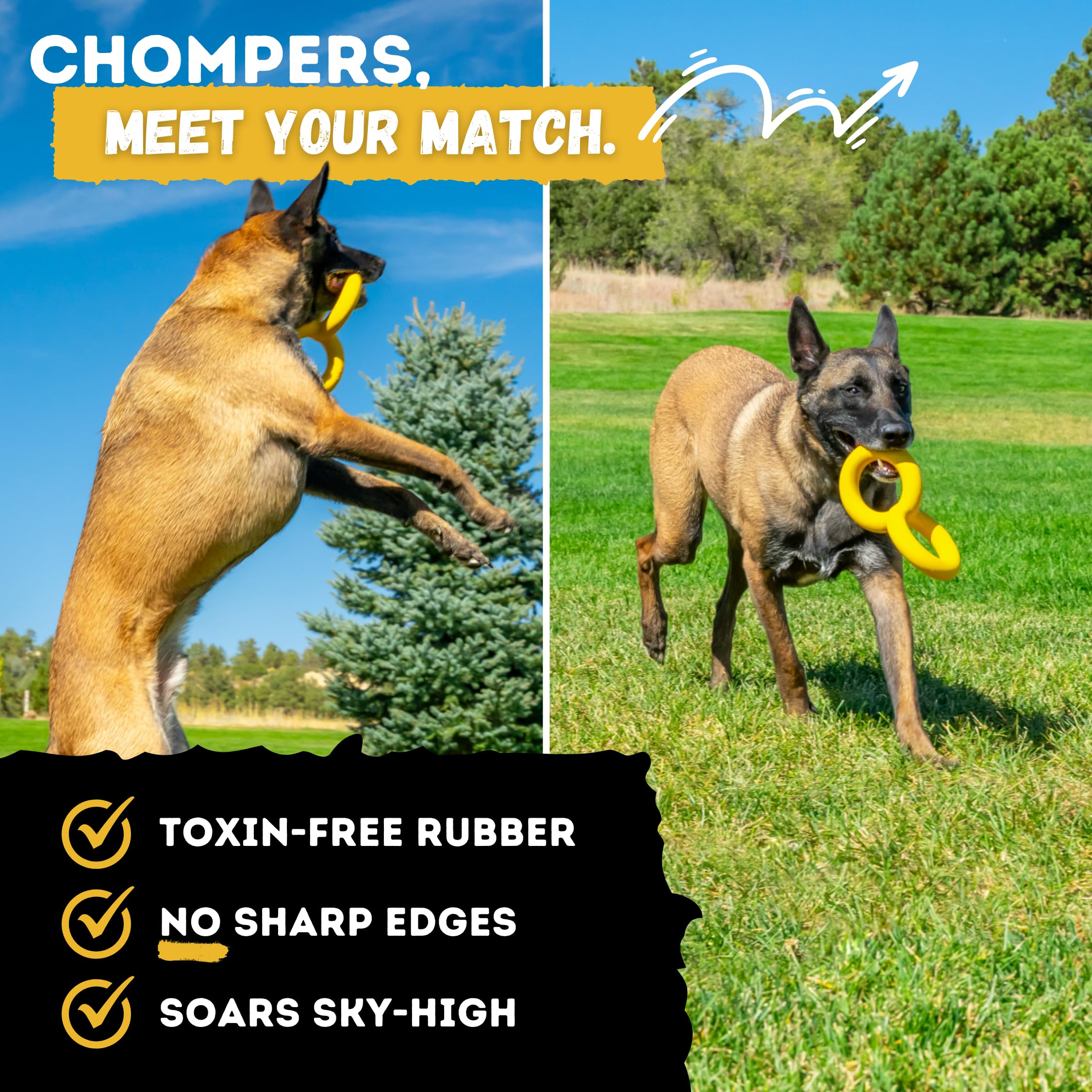 WoofBite Tug Rings in yellow for easy visibility during large-breed play.
