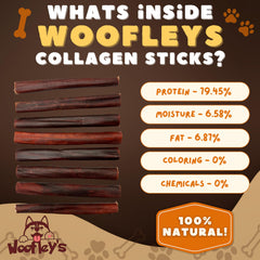 Hand holding Woofley's 10-count collagen sticks pack for medium and large dogs