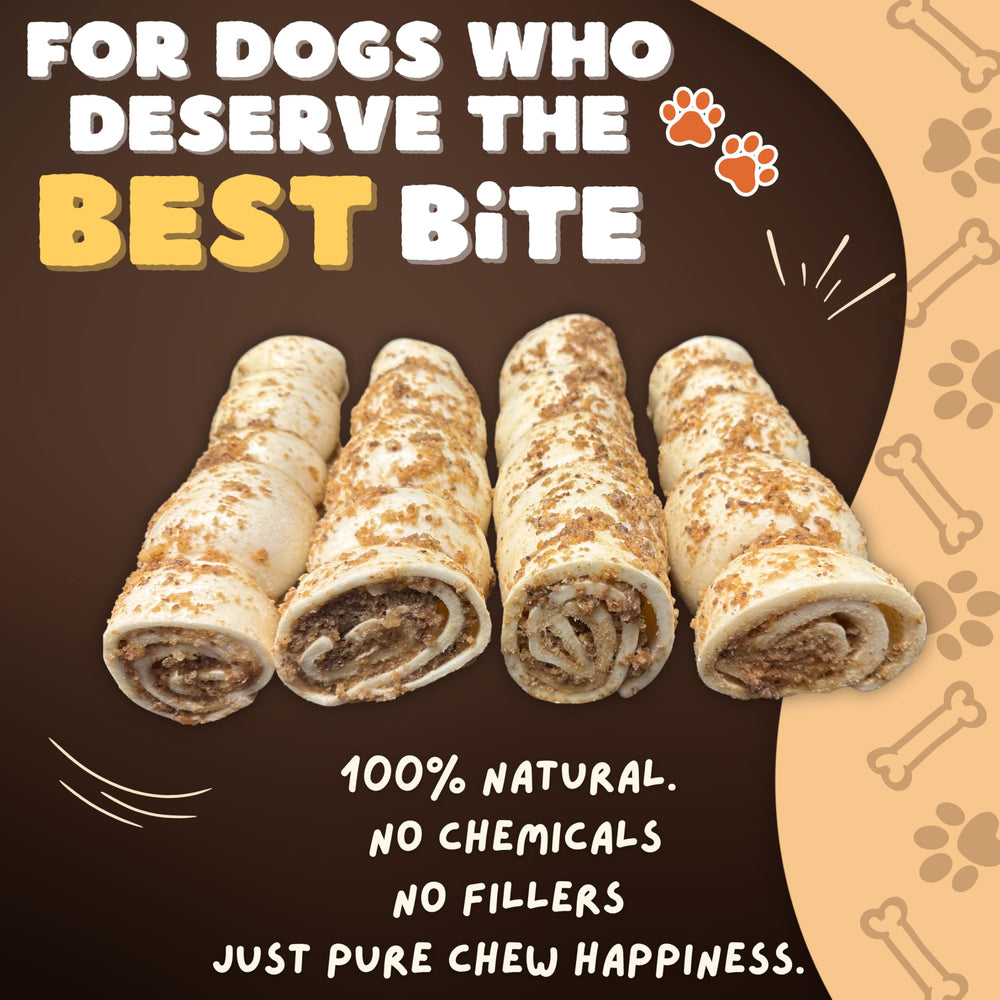 Close-up of Woofley's beef cheek roll texture, durable chew for power chewers.