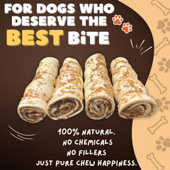 Close-up of Woofley's beef cheek roll texture, durable chew for power chewers.