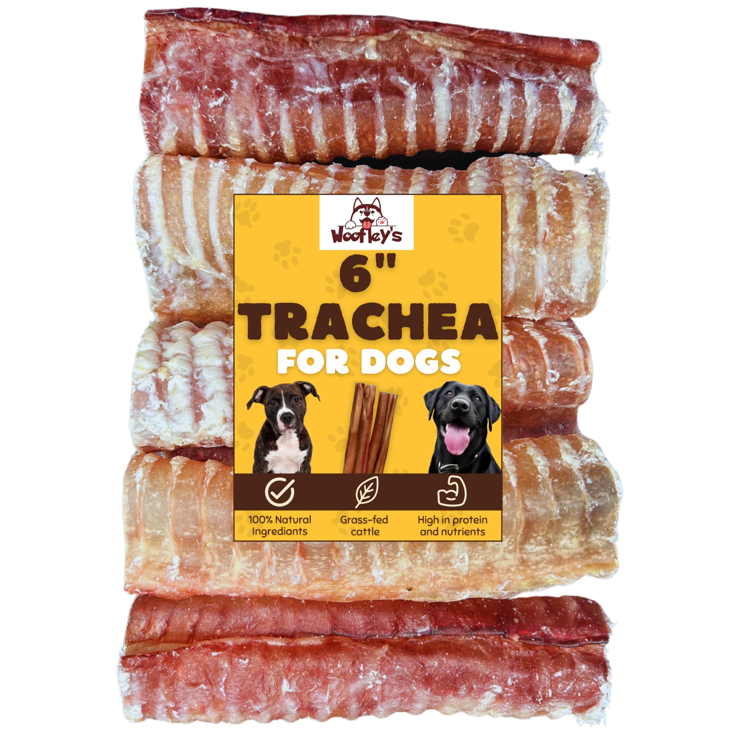 Woofley's Beef Trachea 6in pack hero: natural dog chew supporting dental care and mental engagement.