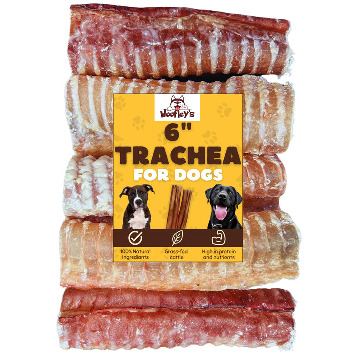 Woofley's Beef Trachea 6inch Pack, a protein-rich chew for dogs.