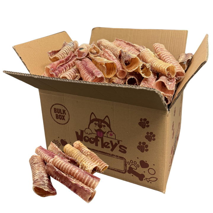Woofley's Beef Trachea 6-inch packaging highlights a protein-rich chew for rewarding dogs.