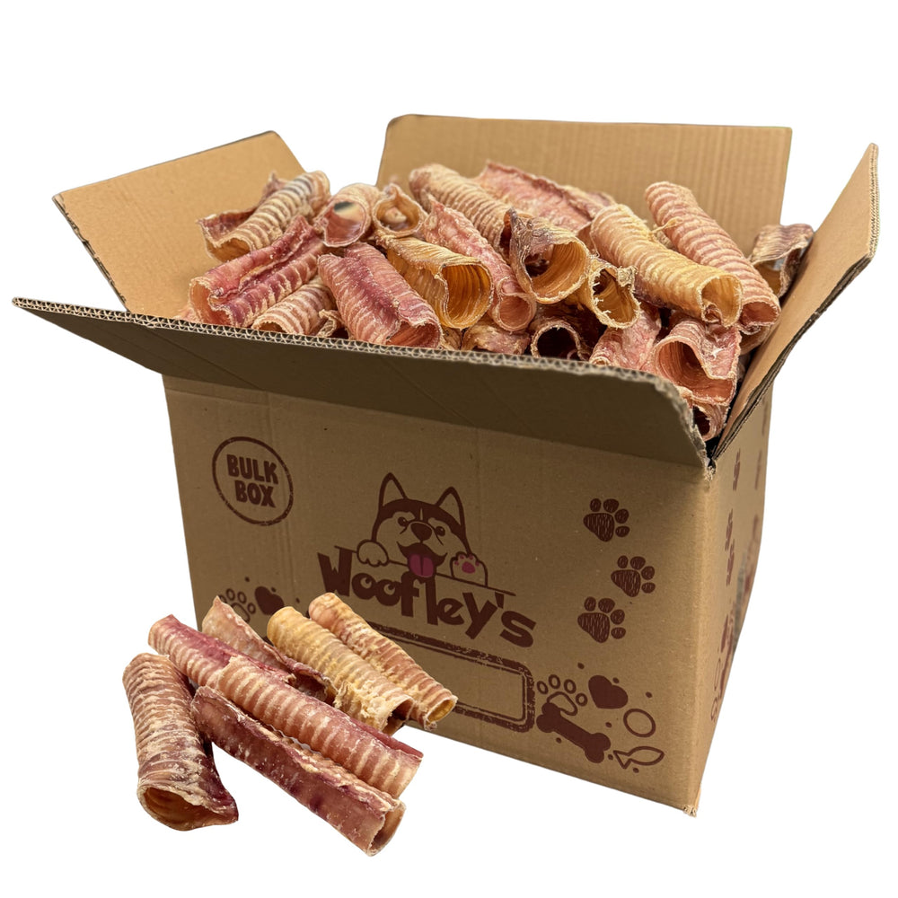 Woofley's Beef Trachea 6-inch packaging highlights a protein-rich chew for rewarding dogs.