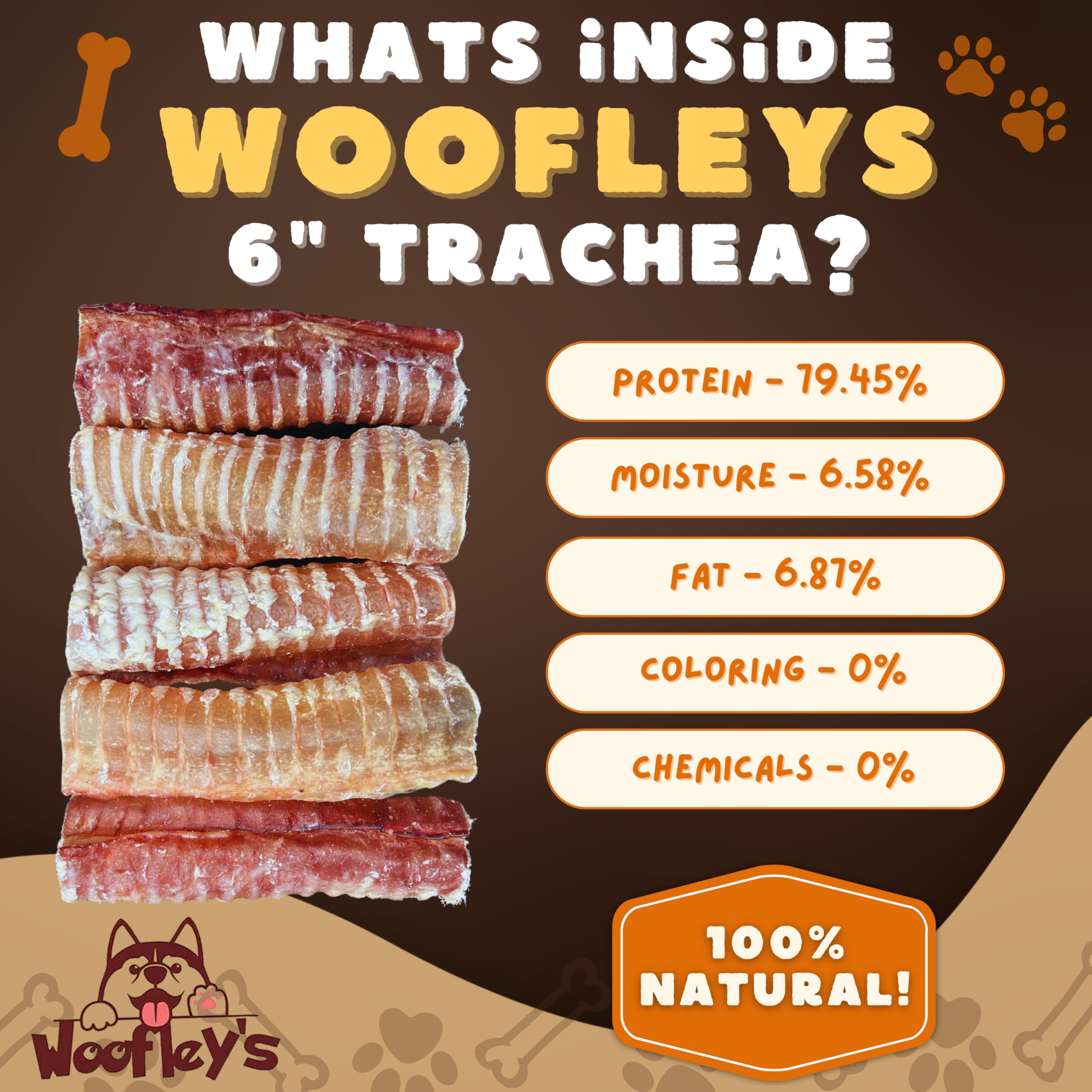 Woofley's Beef Trachea natural-sourced image emphasizes grass-fed cattle and quality.
