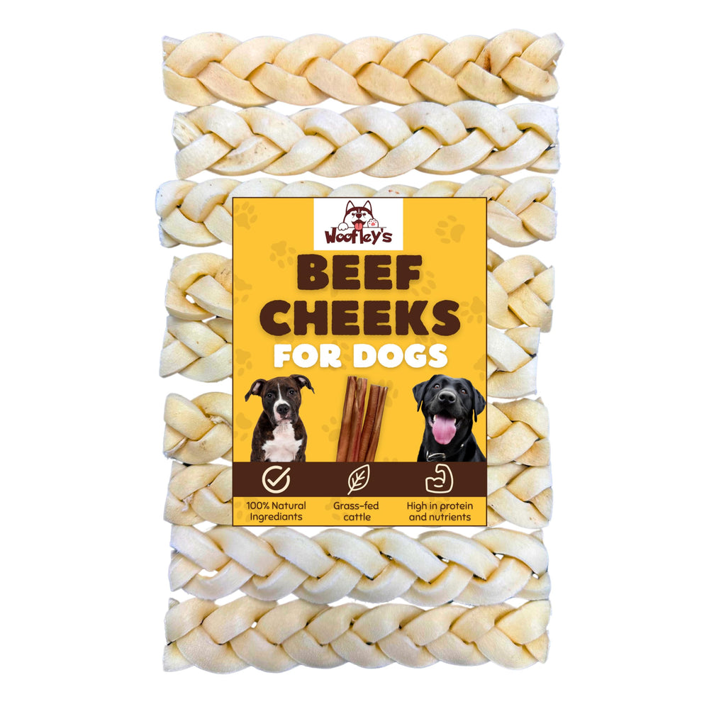 Woofley's Buffalo Beef Cheek Braids front view, long-lasting chew.